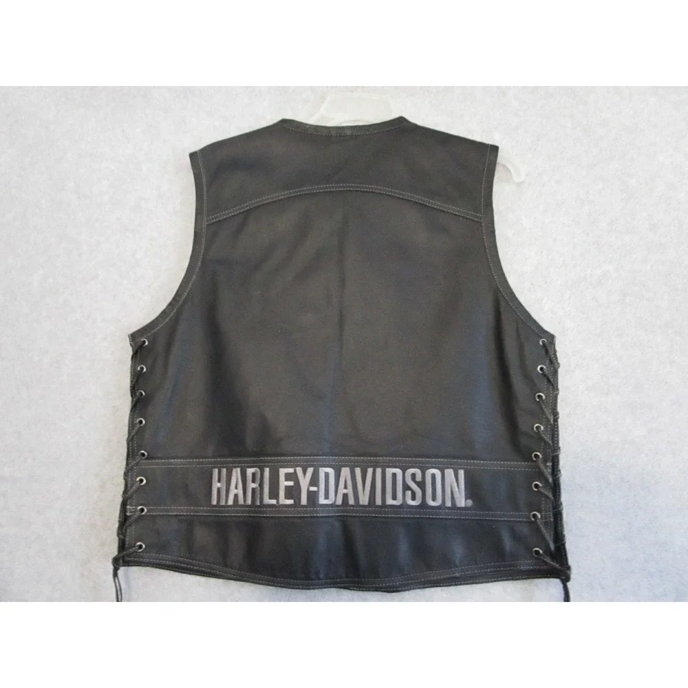 Harley-Davidson Leather Vest Mens Medium M Black Biker Lace Up Eagle Logo‎ Gilet